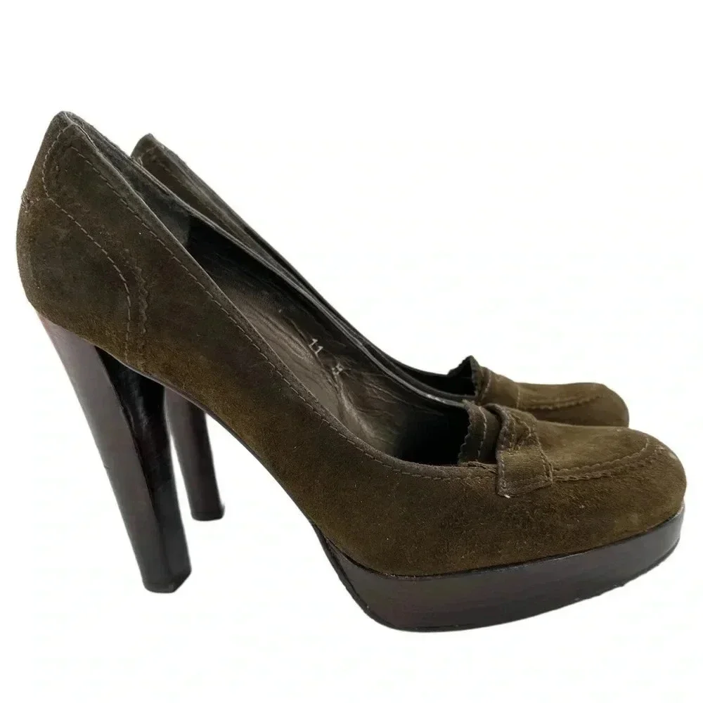 Stuart Weitzman heels size 11 olive green suede penny loafers chunky platforms